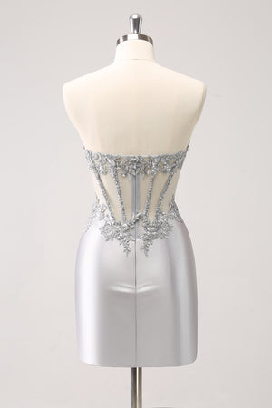 Strapless Silver Glitter Corset Homecoming Dress With Appliques