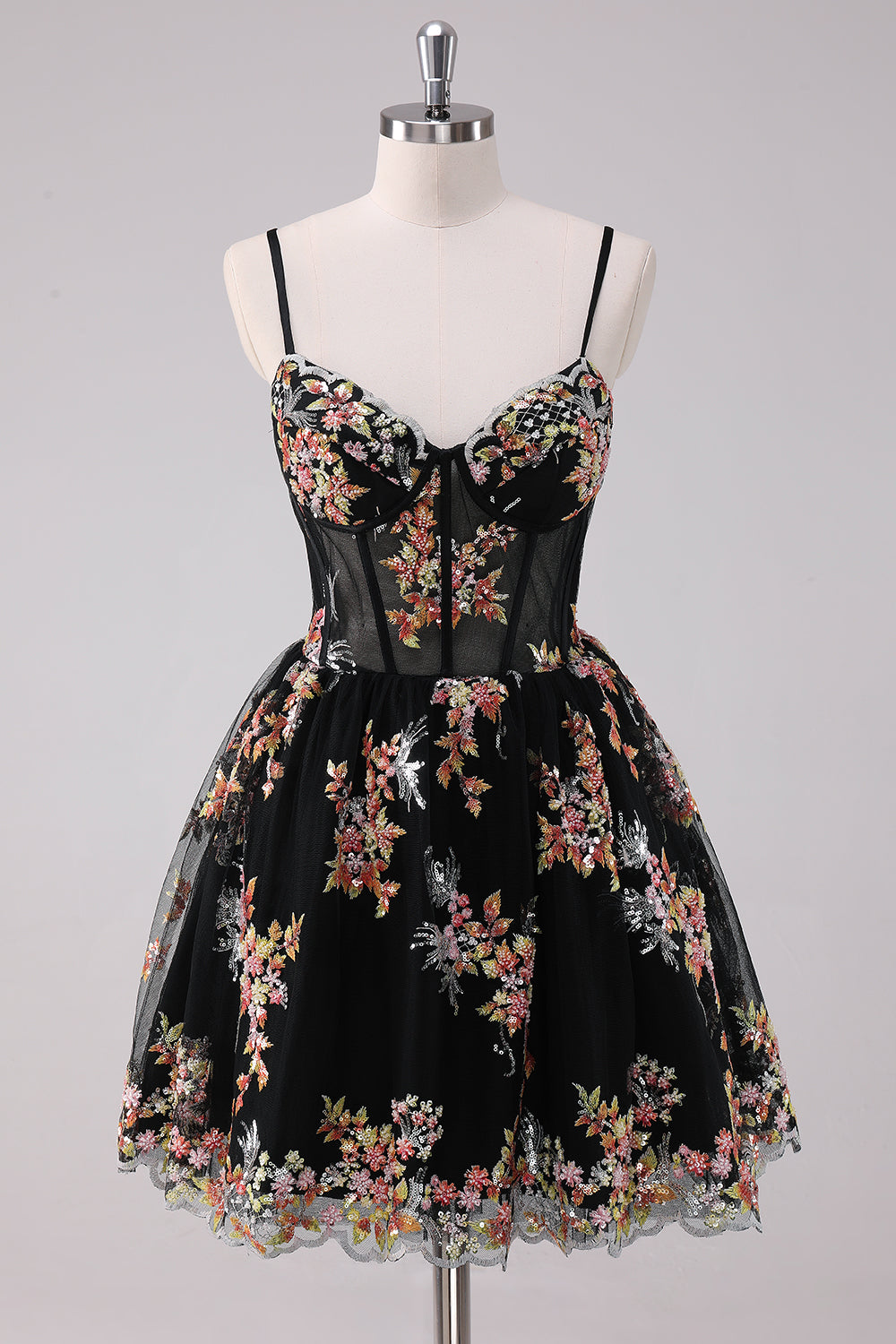 Black Floral Corset Spaghetti Straps A Line Homecoming Dress