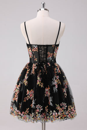 Black Floral Corset Spaghetti Straps A Line Homecoming Dress