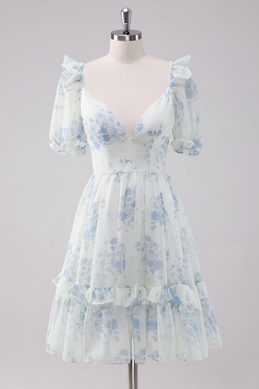 Floral Printed Light Blue Homecoming Dress With Short Sleeves