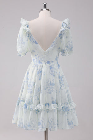 Floral Printed Light Blue Homecoming Dress With Short Sleeves