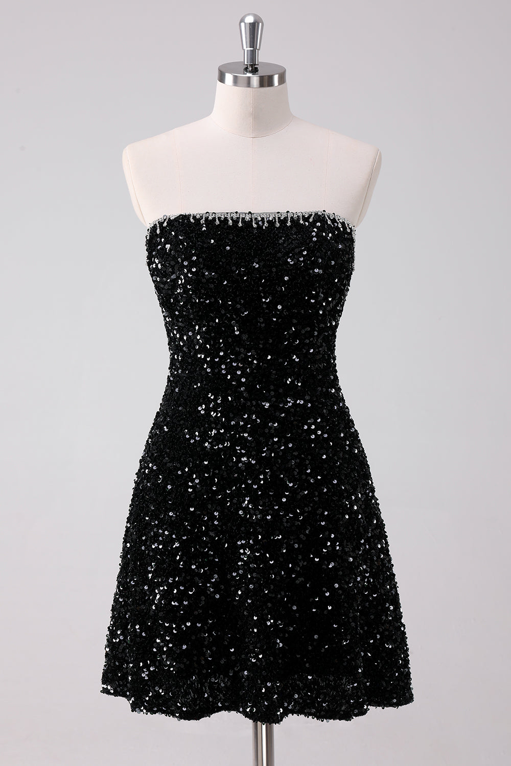 Sparkly Black A-Line Strapless Homecoming Dress With Sequins