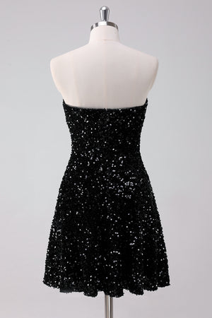 Sparkly Black A-Line Strapless Homecoming Dress With Sequins