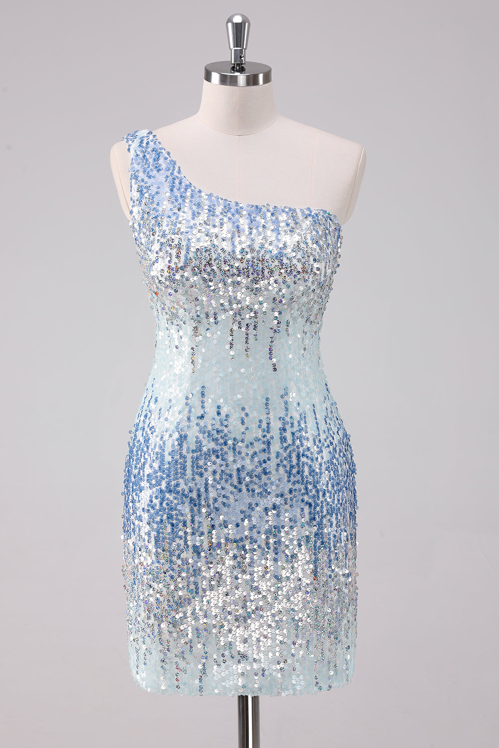 Glitter Light Blue One Shoulder Tight Homecoming Dress With Sequins