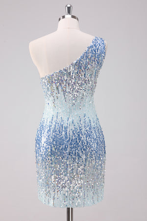 Glitter Light Blue One Shoulder Tight Homecoming Dress With Sequins