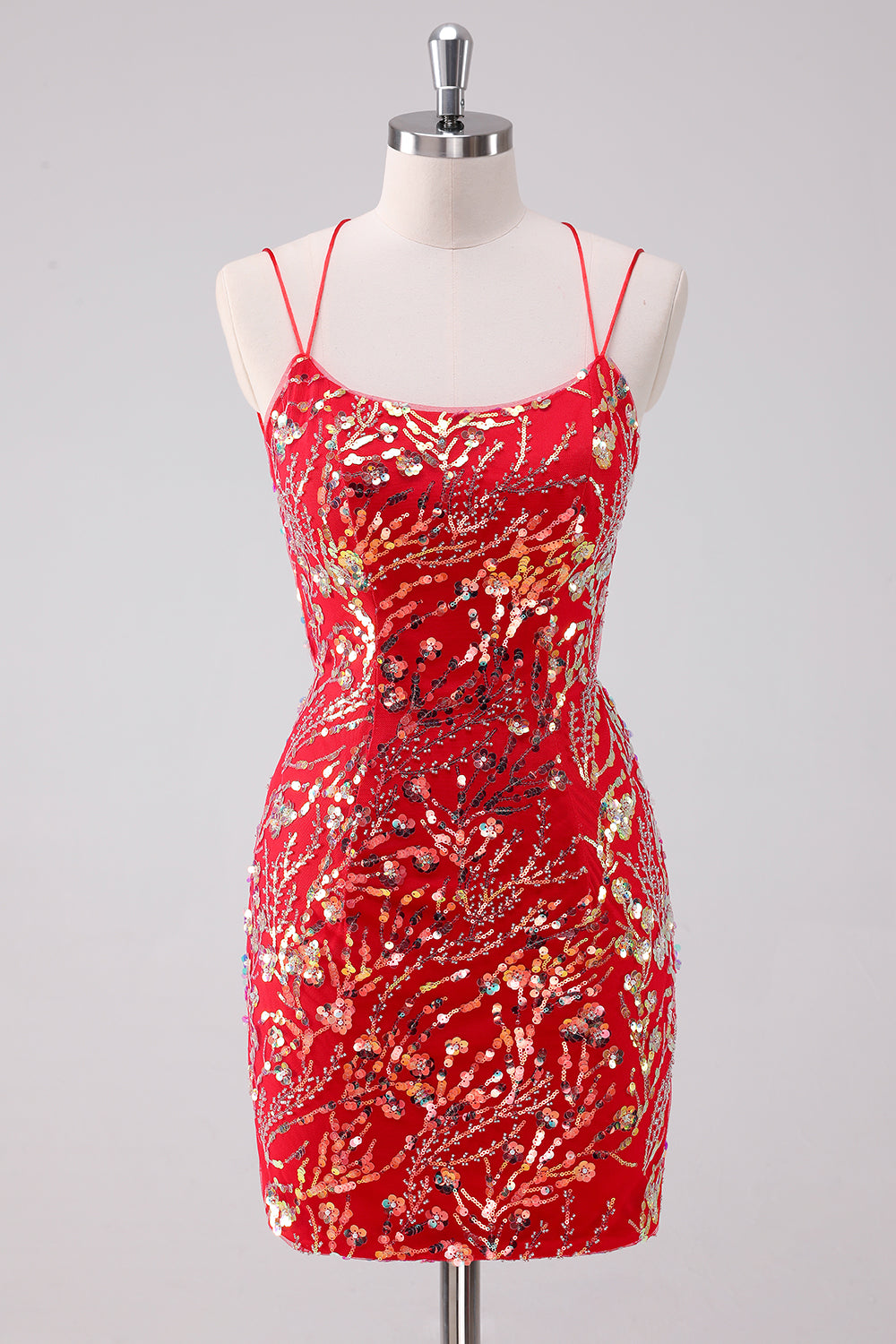 Red Spaghetti Straps Sequins Tight Homecoming Dress