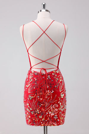 Red Spaghetti Straps Sequins Tight Homecoming Dress