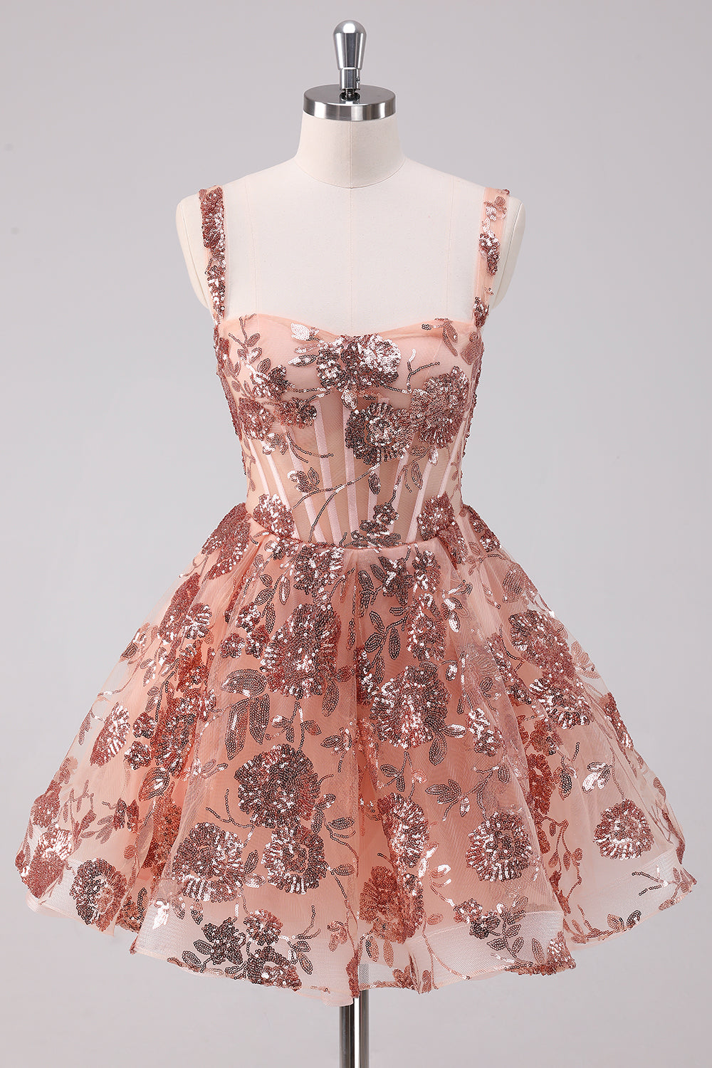 Blush Glitter A-Line Spaghetti Straps Corset Homecoming Dress