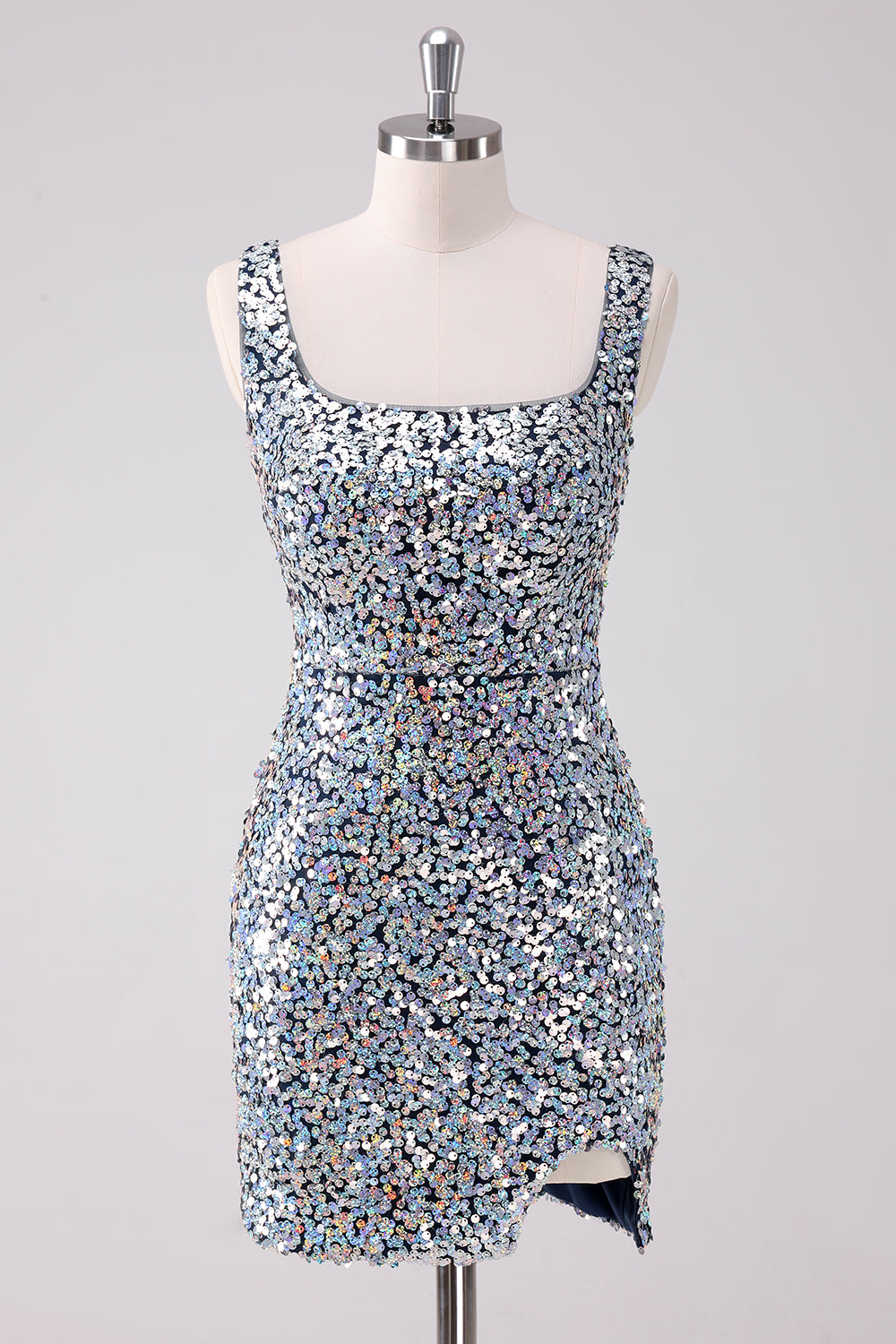 Sparkly Silver Square Neck Tight Homecoming Dress With Sequins