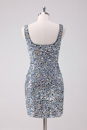 Sparkly Silver Square Neck Tight Homecoming Dress With Sequins