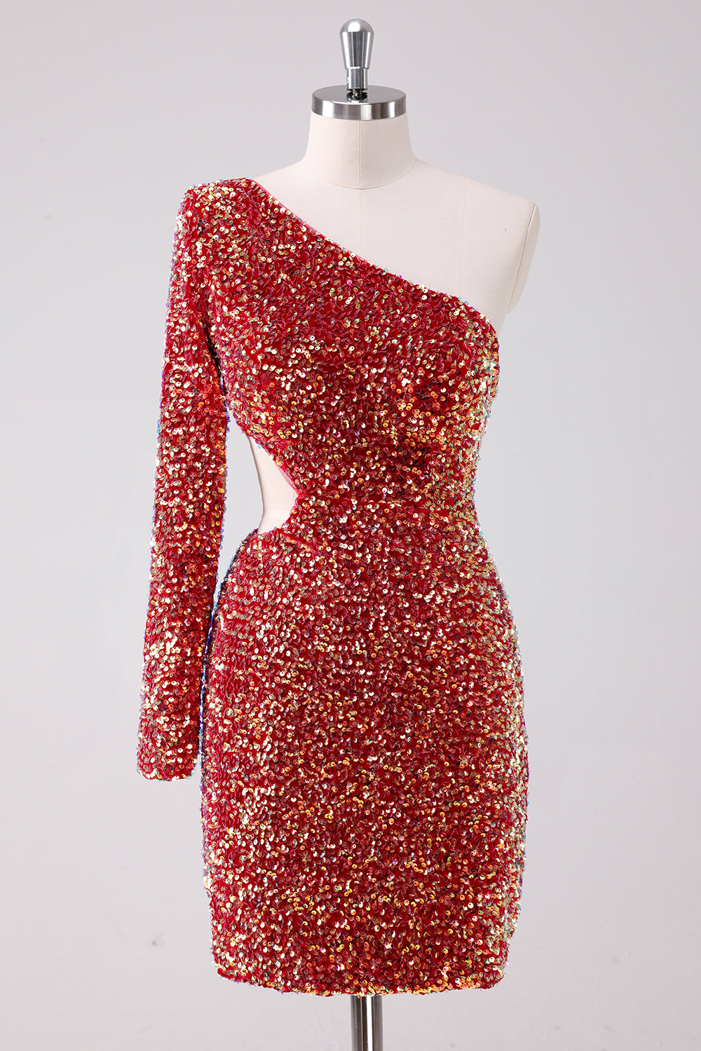 One Shoulder Glitter Red Tight Homecoming Dress with Hollow-out