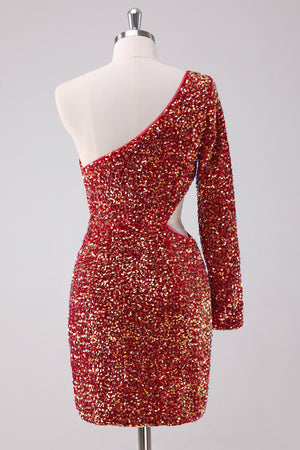 One Shoulder Glitter Red Tight Homecoming Dress with Hollow-out