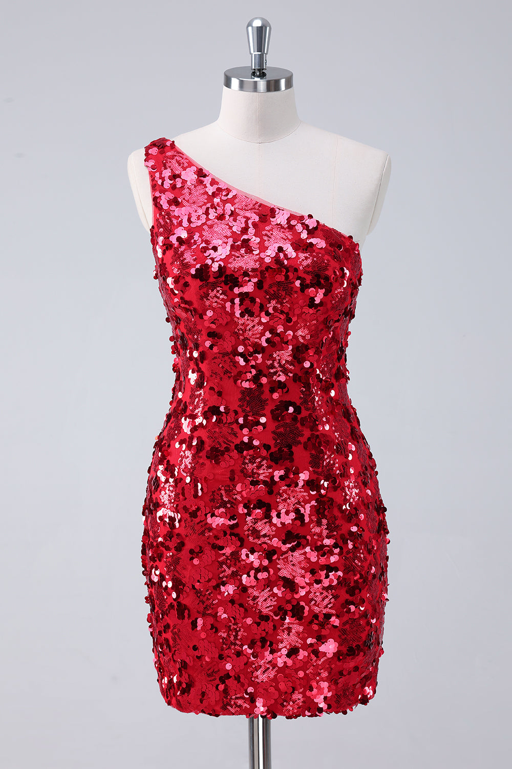 One Shoulder Sparkly Red Tight Homecoming Dress With Sequins