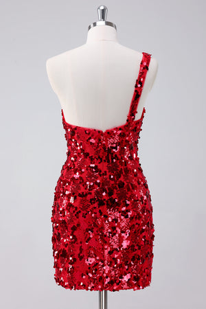 One Shoulder Sparkly Red Tight Homecoming Dress With Sequins