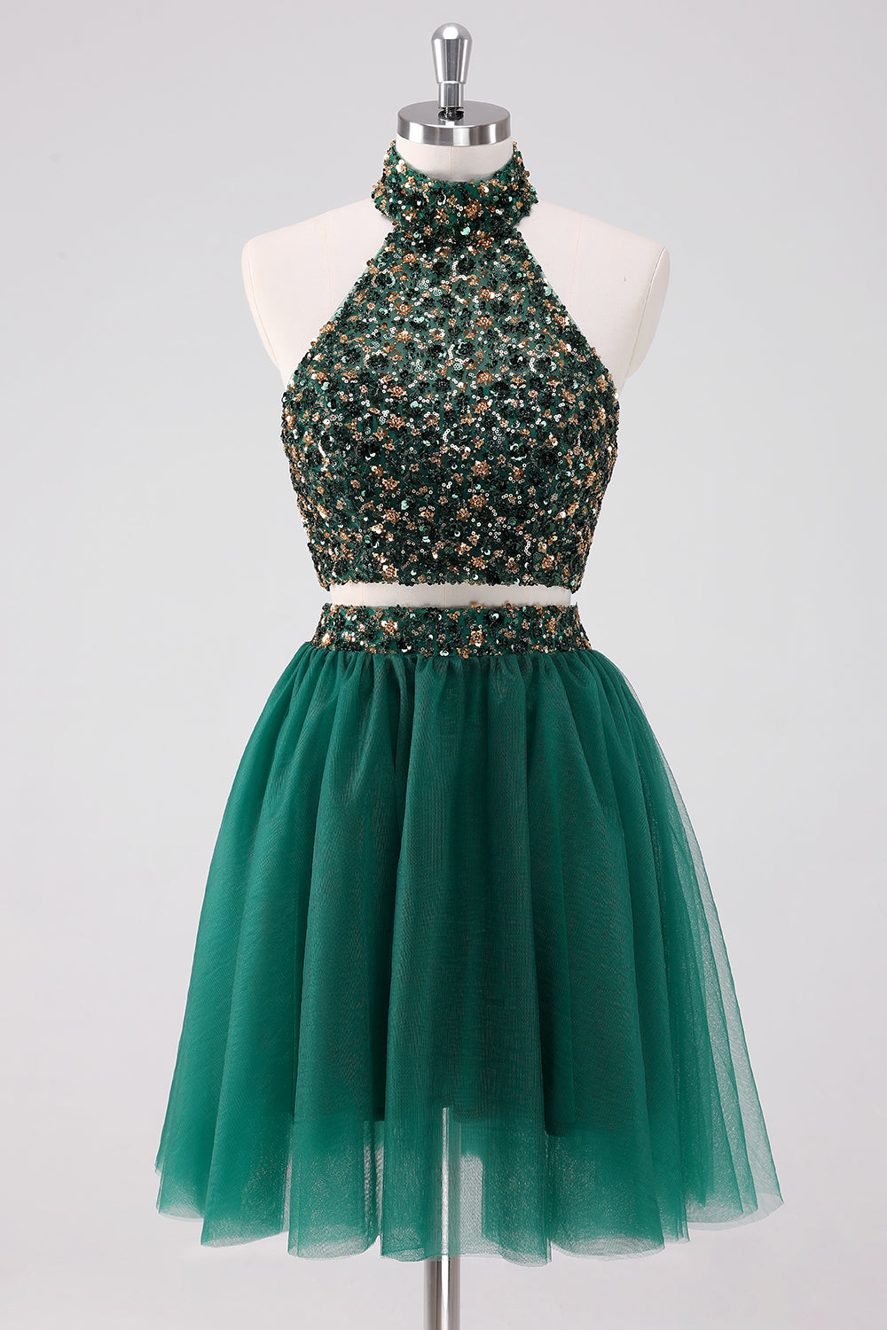 Sparkly Two-Piece Halter Dark Green Homecoming Dress With Sequins