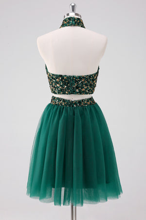 Sparkly Two-Piece Halter Dark Green Homecoming Dress With Sequins