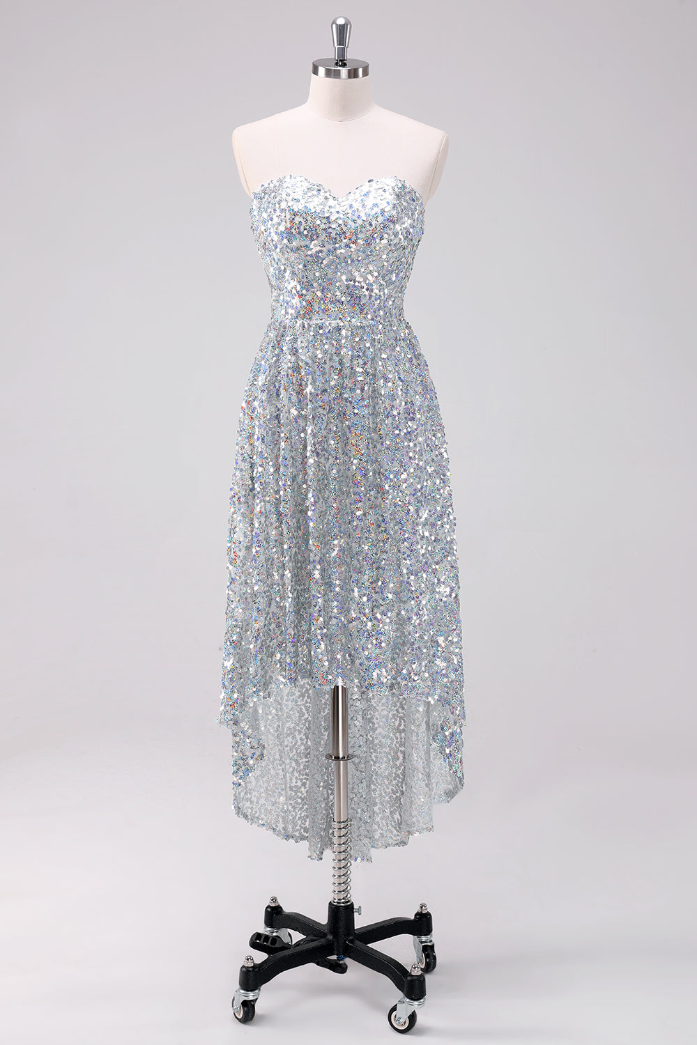 Glitter Silver Strapless Asymmetric Homecoming Dress With Sequins