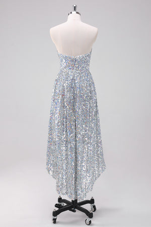 Glitter Silver Strapless Asymmetric Homecoming Dress With Sequins