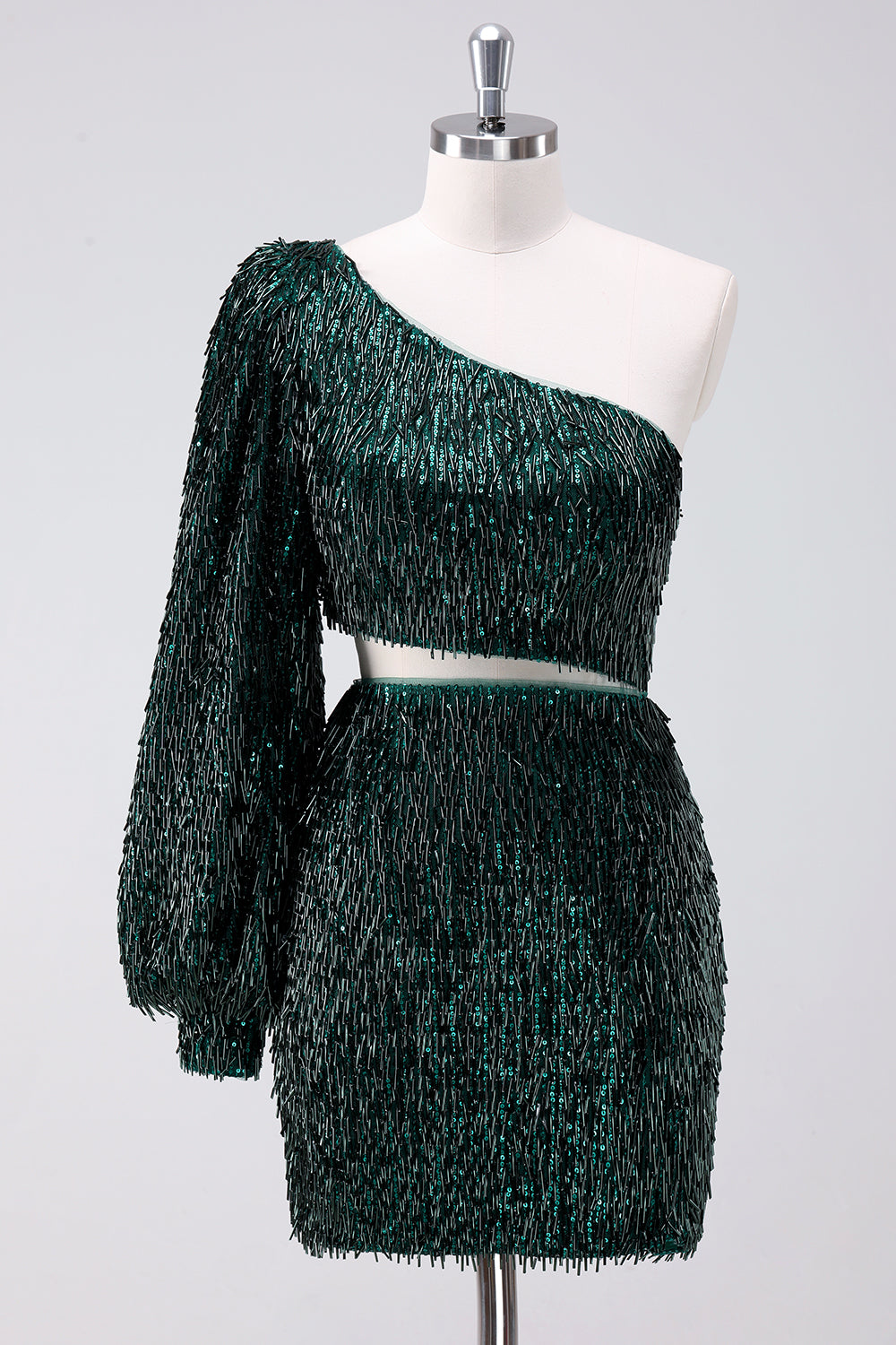 Two-Piece Sparkly Dark Green One Shoulder Tight Homecoming Dress With Tassels