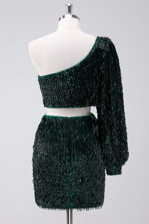 Two-Piece Sparkly Dark Green One Shoulder Tight Homecoming Dress With Tassels