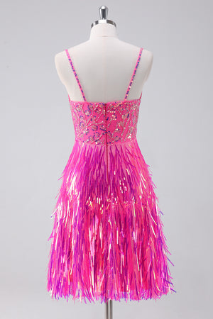 Sparkly Hot Pink A Line Spaghetti Straps Sequins Homecoming Dress