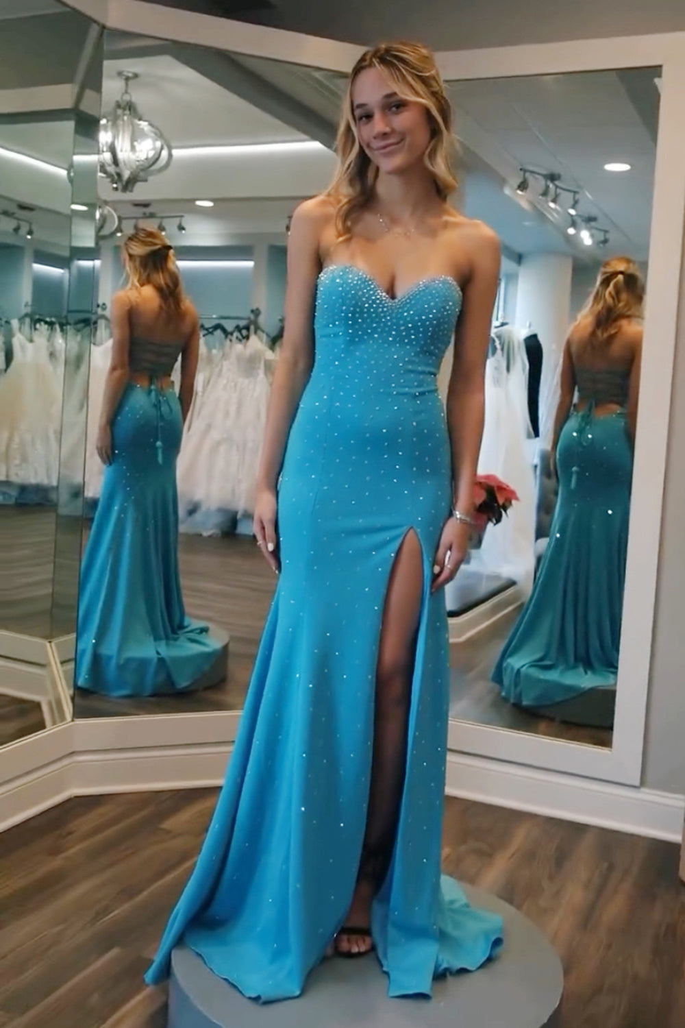 Sparkly Blue Beaded Mermaid Strapless Prom Dress with Slit