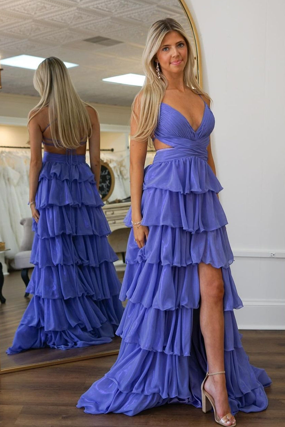 Purple Tiered Spaghetti Straps Long Prom Dress with Slit