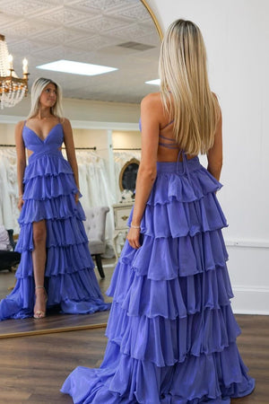 Purple Tiered Spaghetti Straps Long Prom Dress with Slit