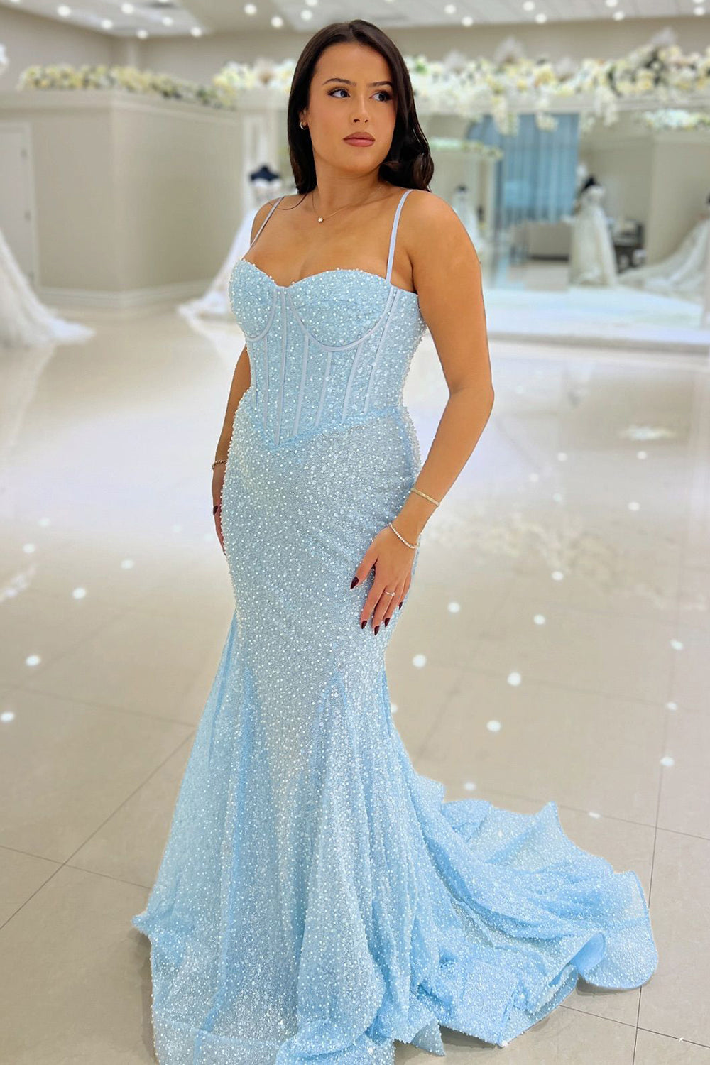 Sparkly Sky Blue Mermaid Corset Prom Dress with Beaded