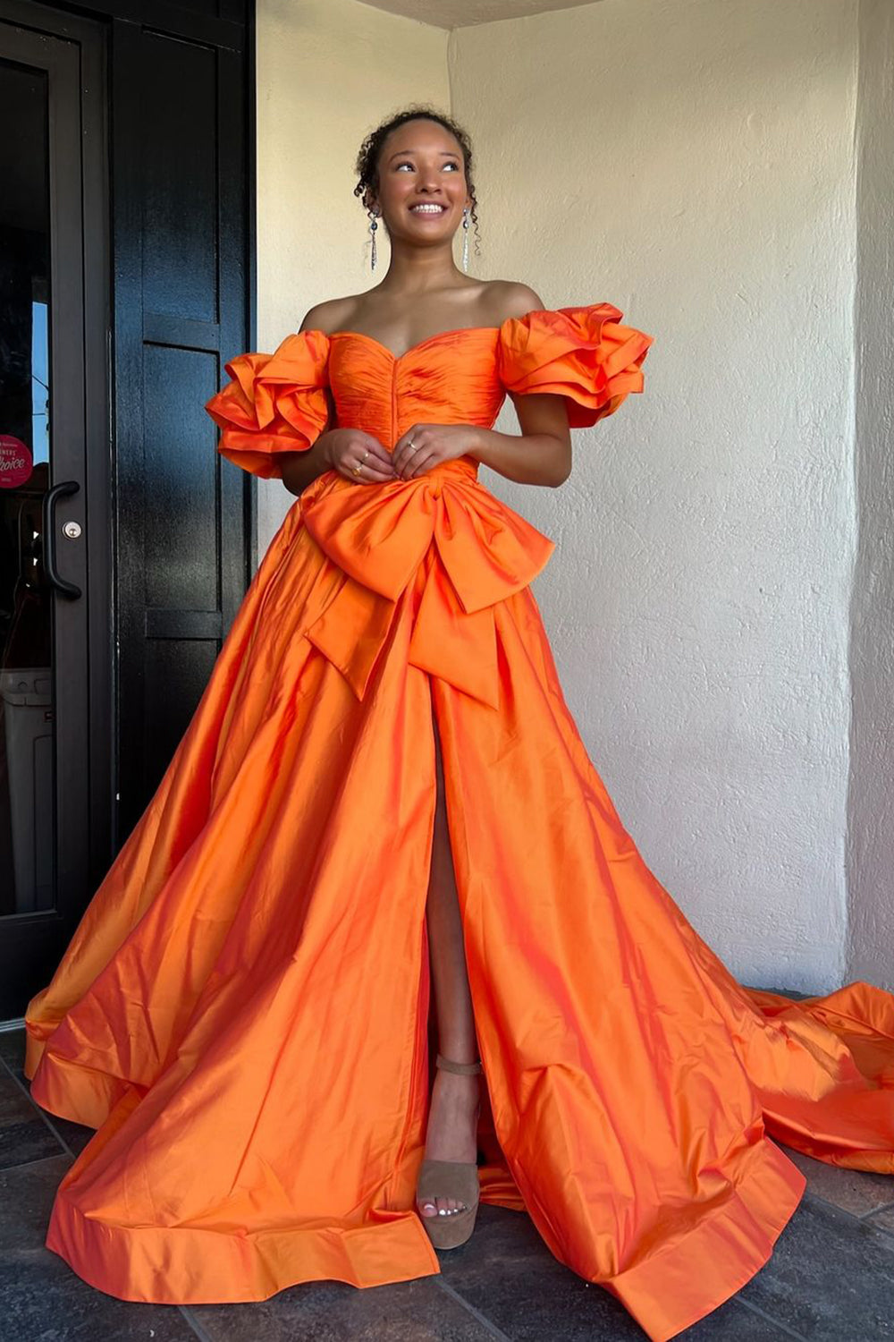 Orange Off The Shoulder Bow A Line Prom Dress with Slit