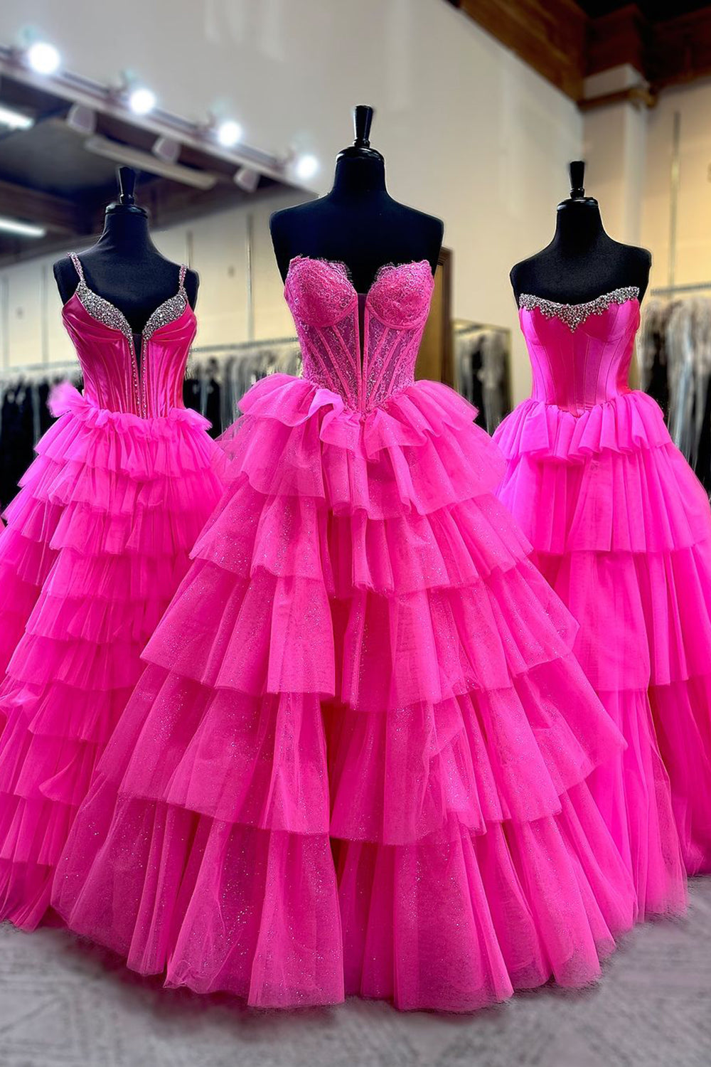 Sparkly Fuchsia Tiered Tulle Corset Princess A Line Prom Dress