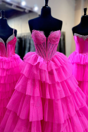 Sparkly Fuchsia Tiered Tulle Corset Princess A Line Prom Dress