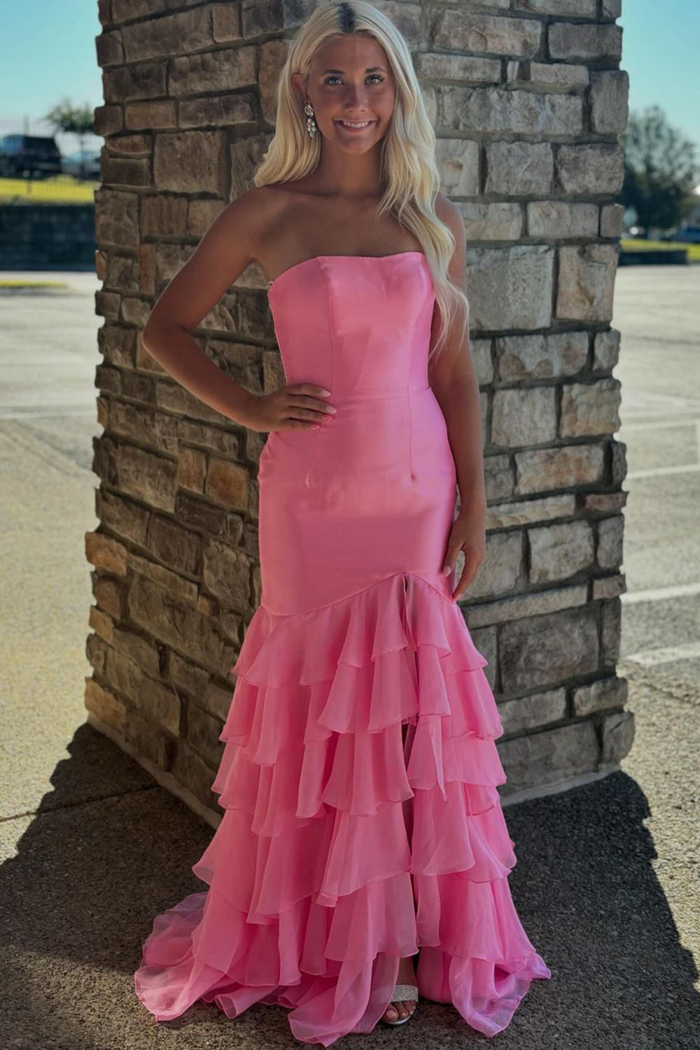 Pink Tiered Ruffled Tight Strapless Prom Dress with Slit