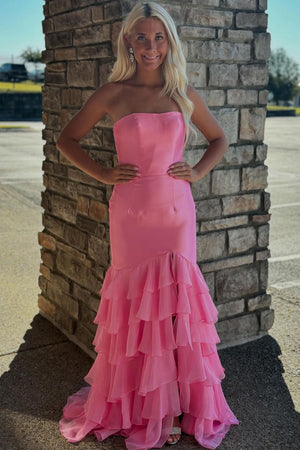 Pink Tiered Ruffled Tight Strapless Prom Dress with Slit