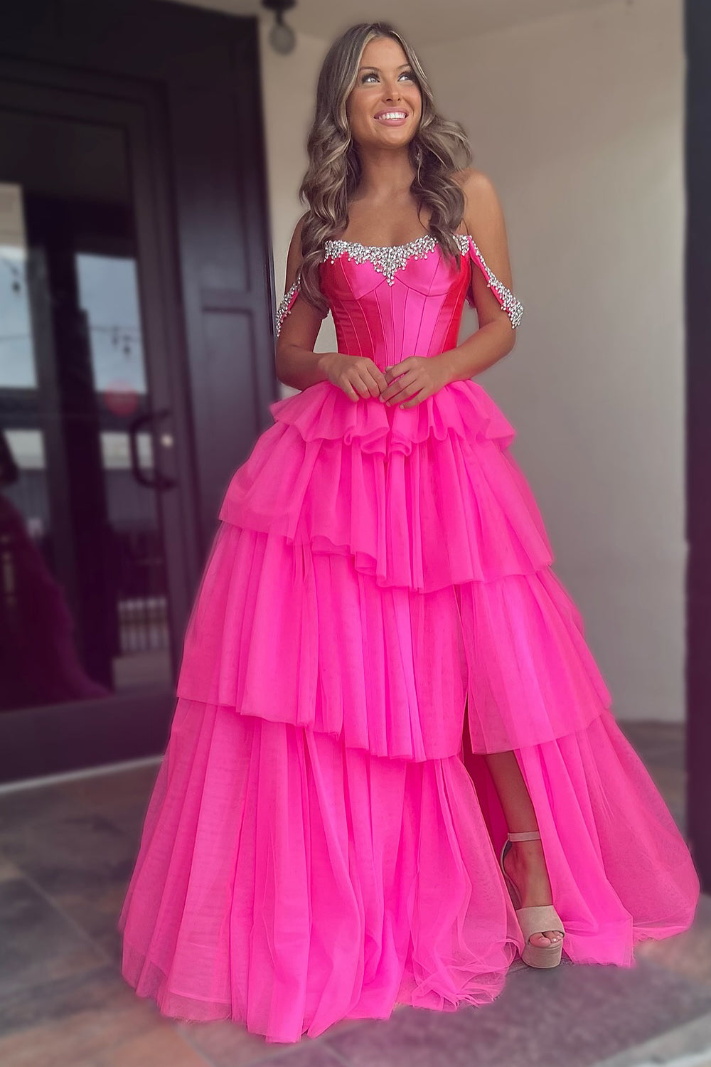 Fuchsia Tulle Tiered Corset Beaded Prom Dress with Slit