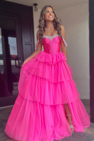 Fuchsia Tulle Tiered Corset Beaded Prom Dress with Slit