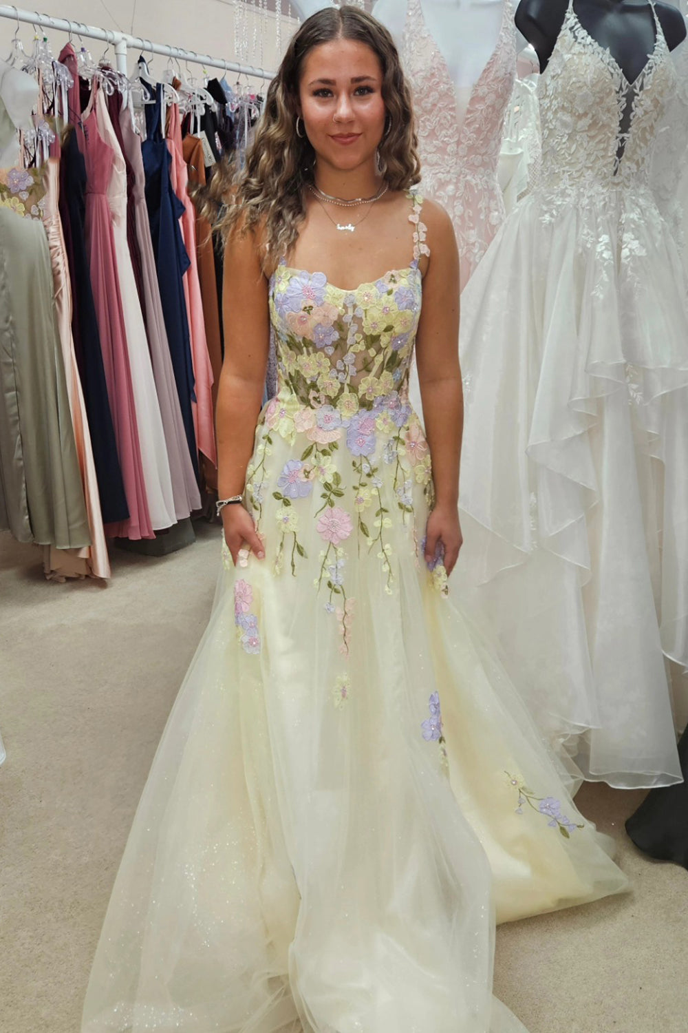 Floral Appliques Yellow Corset A Line Prom Dress