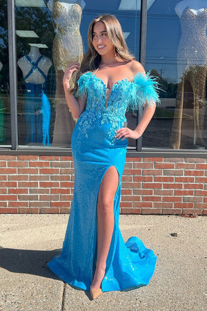 Feather Blue Appliques Off The Shoulder Prom Dress with Slit