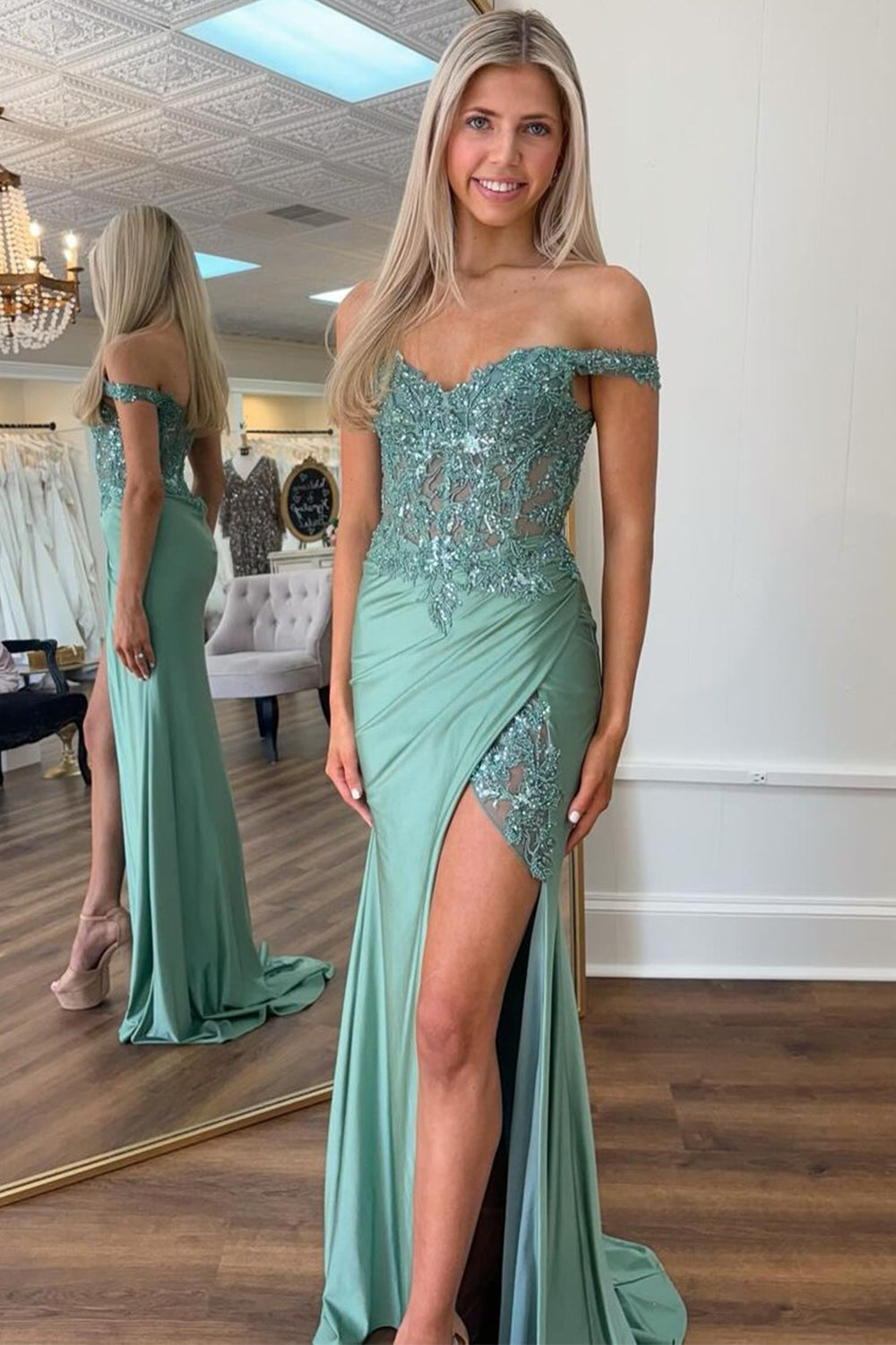 Glitter Green Mermaid Off The Shoulder Appliques Prom Dress with Slit