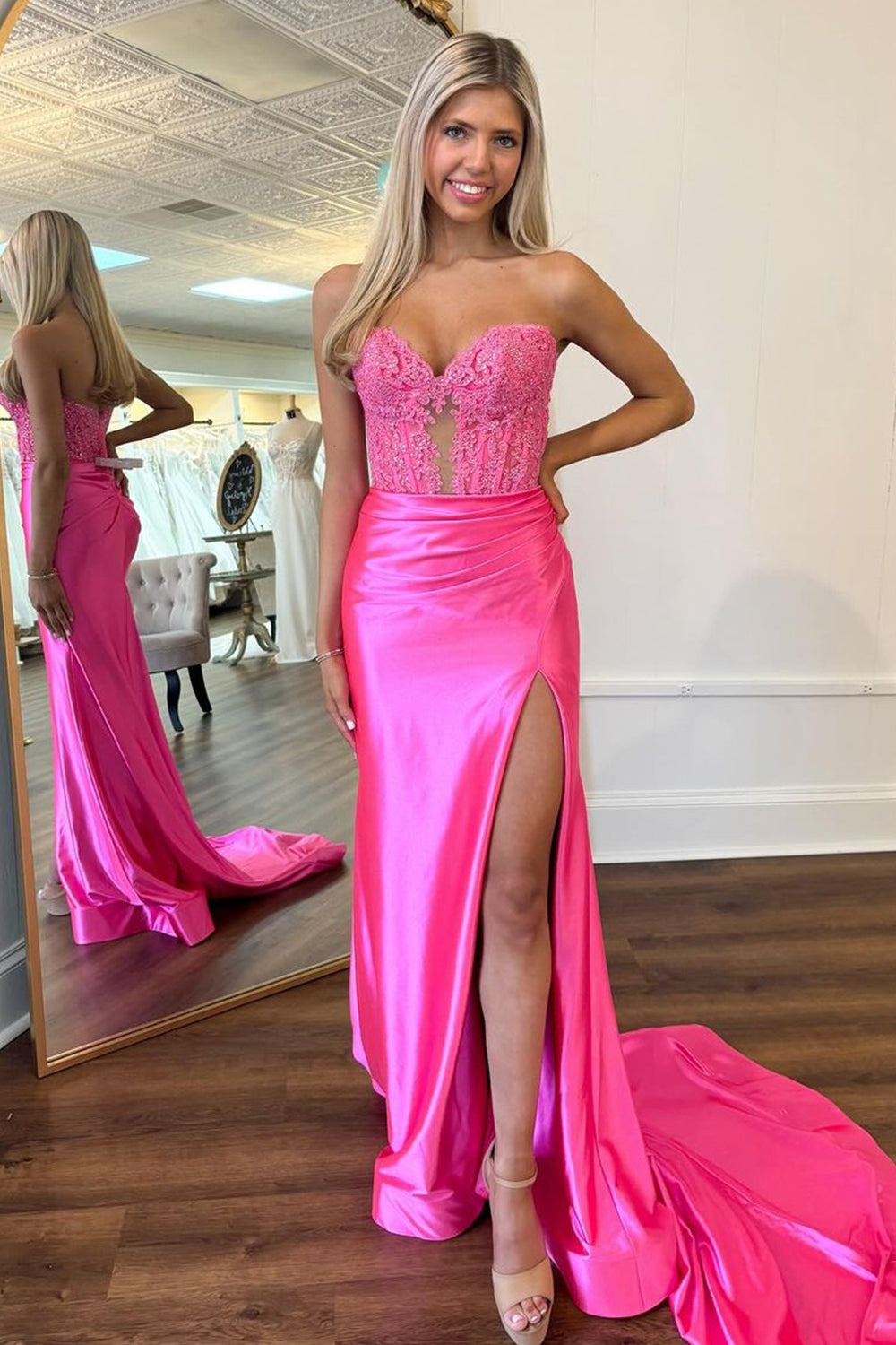 Mermaid Fuchsia Strapless Appliques Prom Dress with Slit