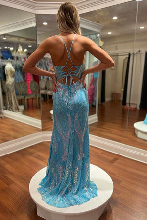 Sparkly Blue Sequins Mermaid Prom Dress with Slit