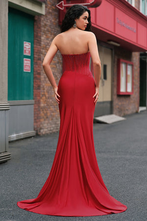 Beaded Strapless Mermaid Corset Long Red Prom Dress with Slit