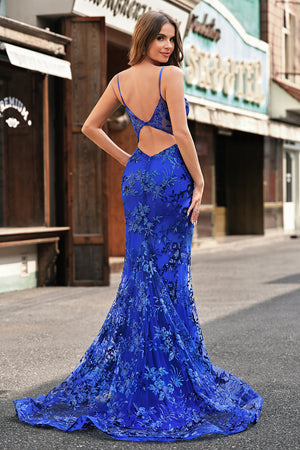 Sparkly Mermaid Royal Blue Spaghetti Straps Corset Sequin Long Prom Dress with Embroidery