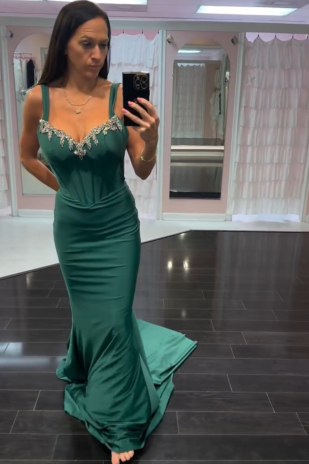 Dark Green Corset Tight Spaghetti Strap Prom Dress with Train