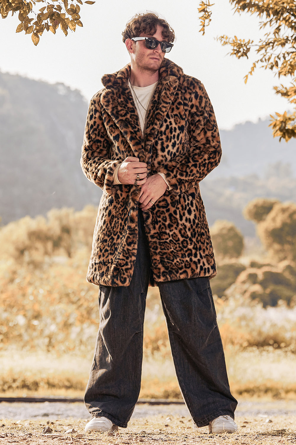 Winter Mid-Length Leopard Faux Fur Men Coat