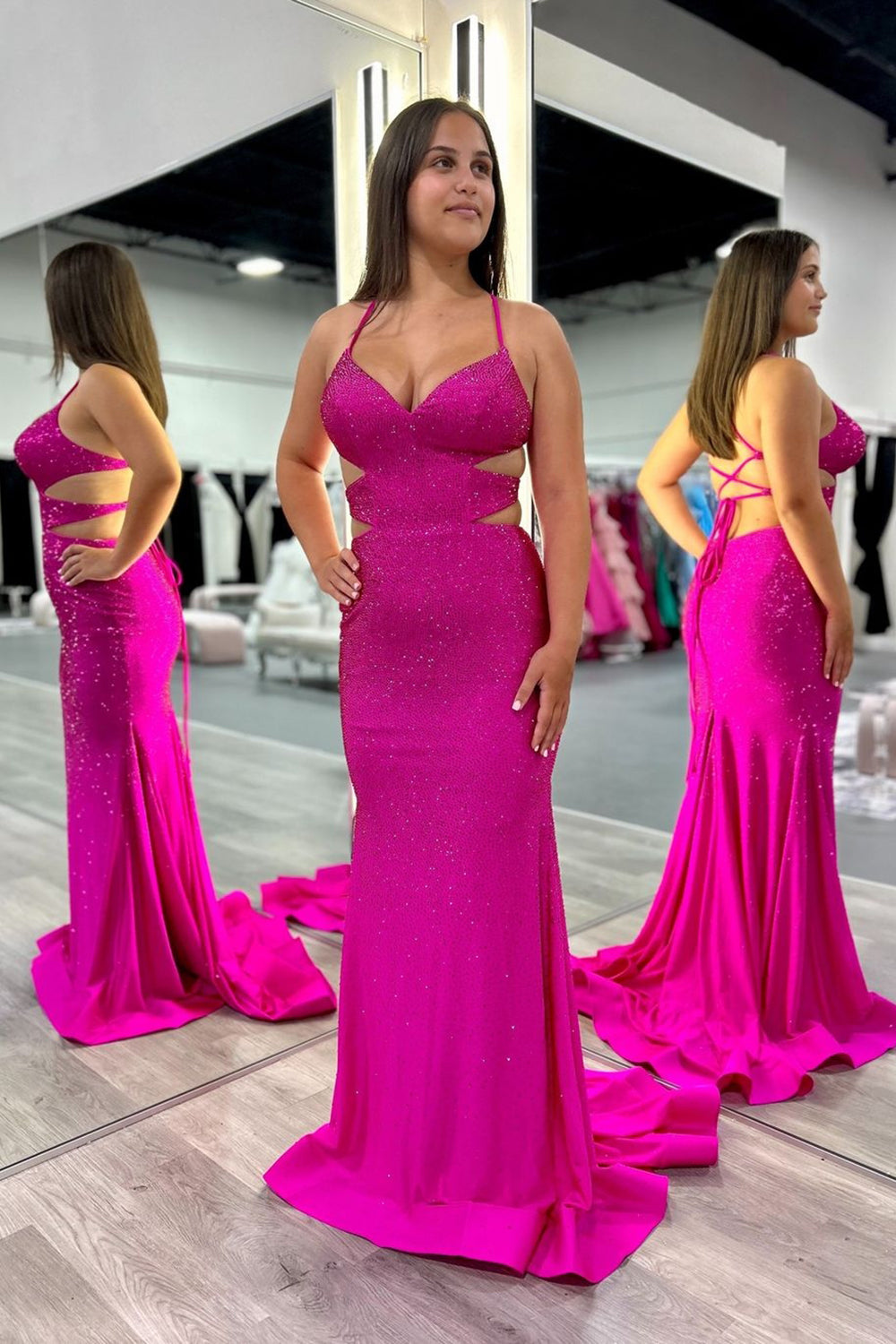 Glitter Fuchsia Hollow-out Beaded Spaghetti Straps Prom Dress