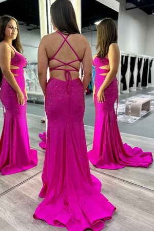 Glitter Fuchsia Hollow-out Beaded Spaghetti Straps Prom Dress