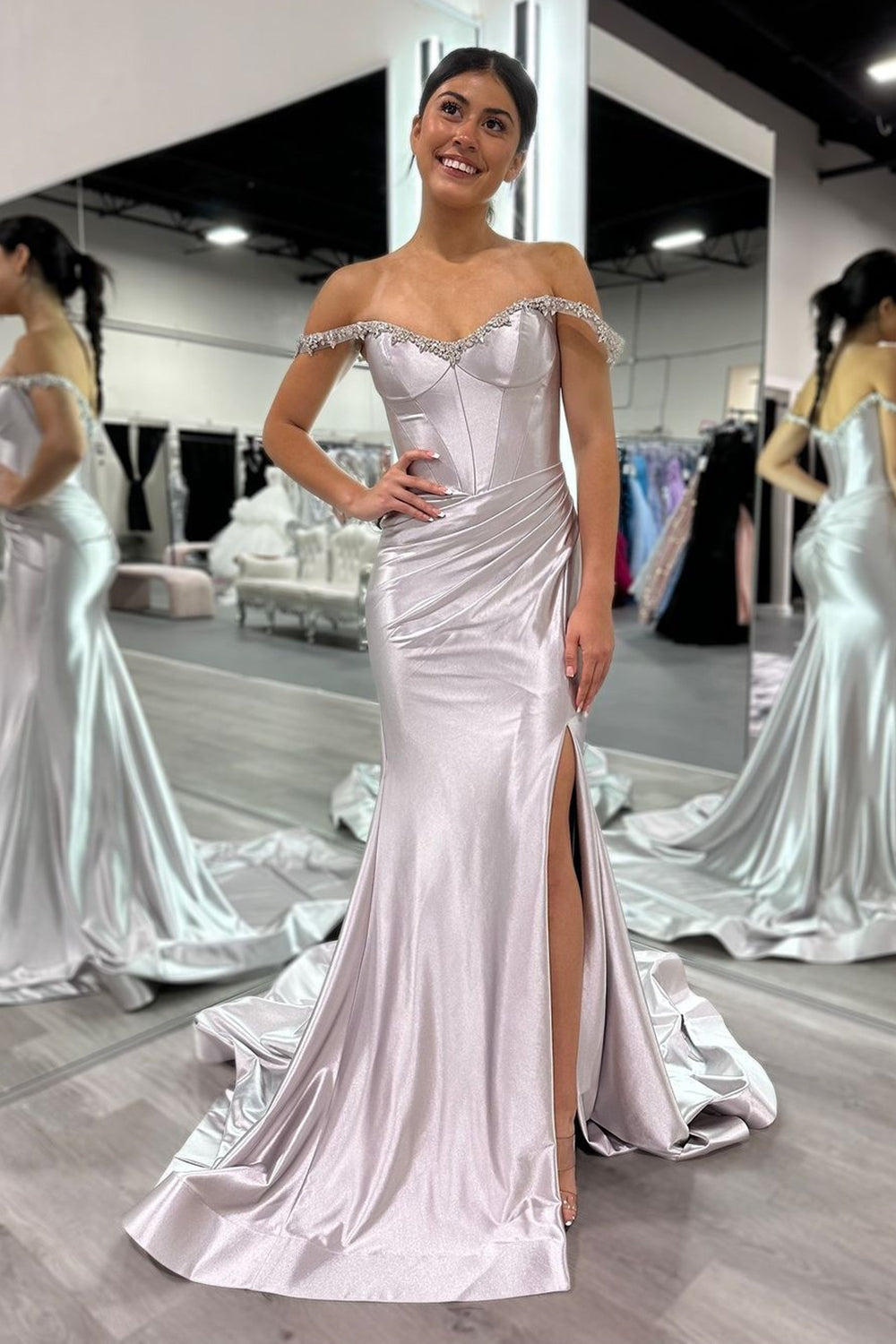 Silver Corset Off The Shoulder Mermaid Prom Dress With Slit