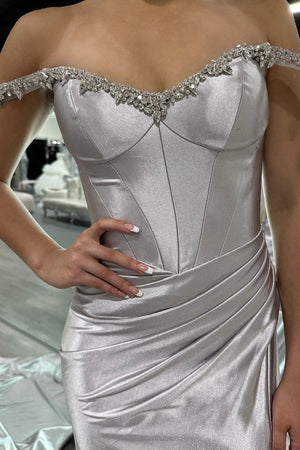 Silver Corset Off The Shoulder Mermaid Prom Dress With Slit