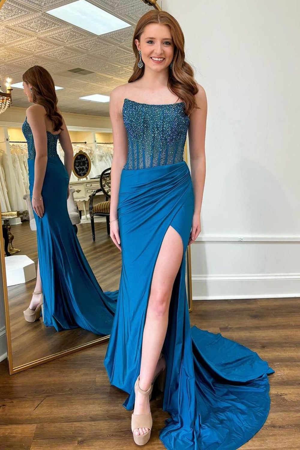 Sparkly Blue Beaded Corset Mermaid Strapless Prom Dress with Slit